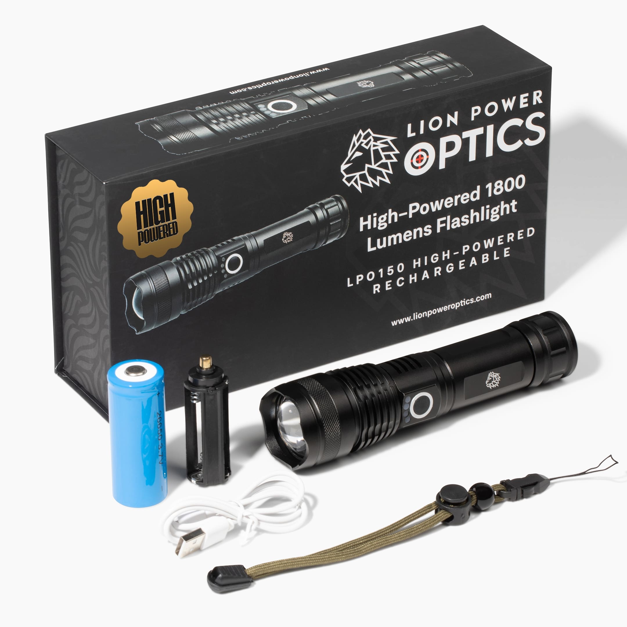 1800 Lumens High-Powered Waterproof Rechargeable Flashlight – Lion Power Optics 1800 Lumens High-Powered Waterproof Rechargeable Flashlight – Lion Power Optics